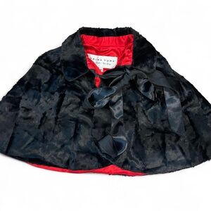 Trina Turk Black Faux Fur Cape with Red Satin Lining and Bow
